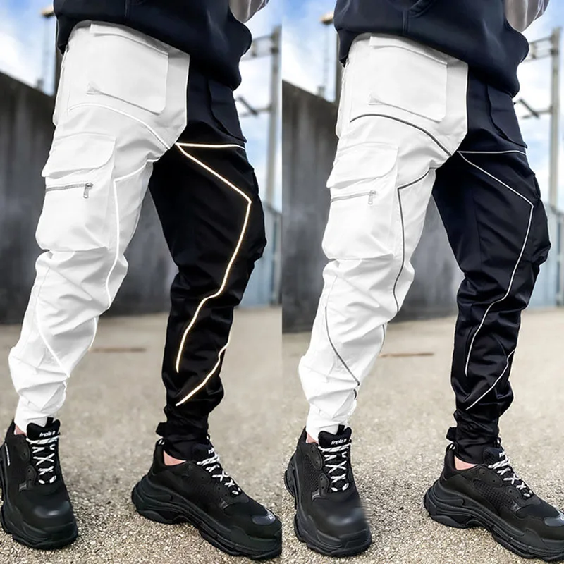 

Mens Casual Black White Patchwork Cargo Pants Loose Plus Size Striped Multi Pocket Jogging Sports Fitness Hip Hop Jogger Trouser