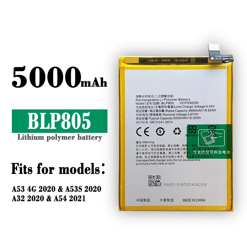 

5000mAh Replacement Battery For OPPO A53 2020 A32 A54 A74 A53S A16 A16S Phone BLP805 Built-in New Batteries + Tools