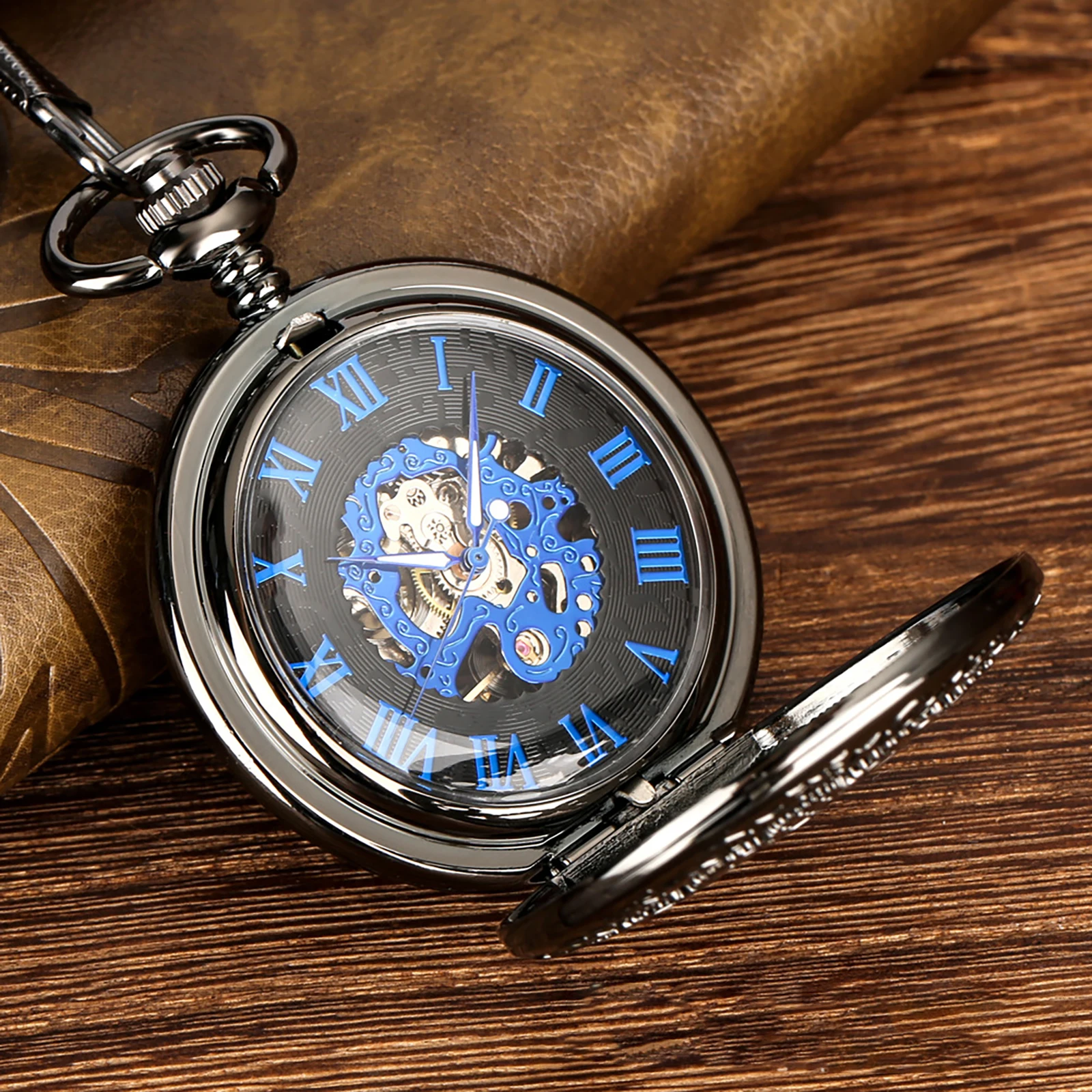 

Hand-WInd Mechanical Pocket Watch Vintage Hollow Steampunk Skeleton Watch Roman Numerals Clock With Fob Chain Christmas Gift New