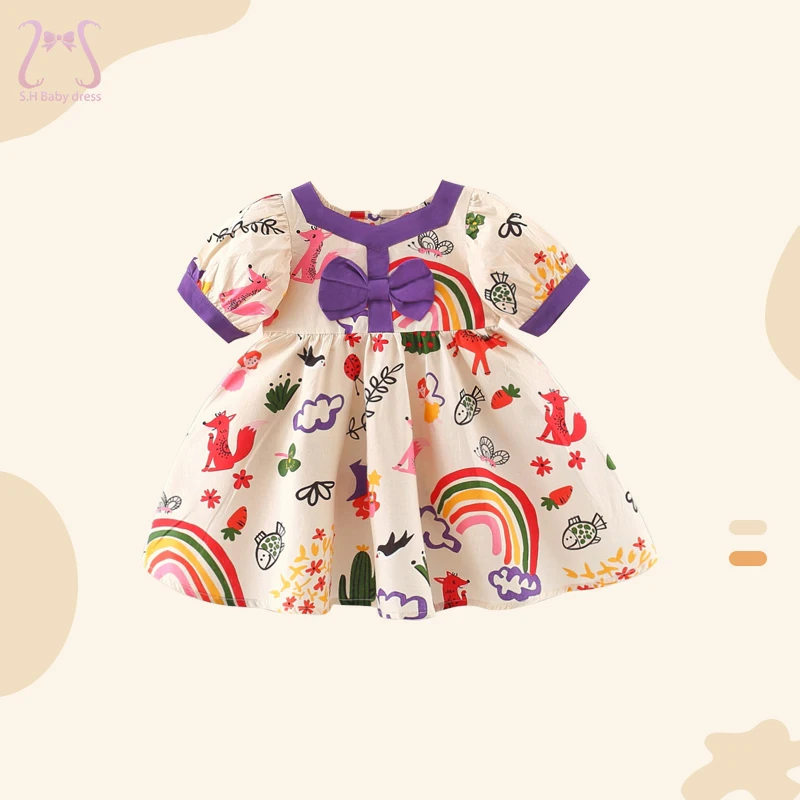 

Разноцветная детская одежда, летние платья с мультяшным рисунком для маленьких девочек, Повседневный хлопковый костюм для малышей с пышными рукавами для детей от 0 до 3 лет