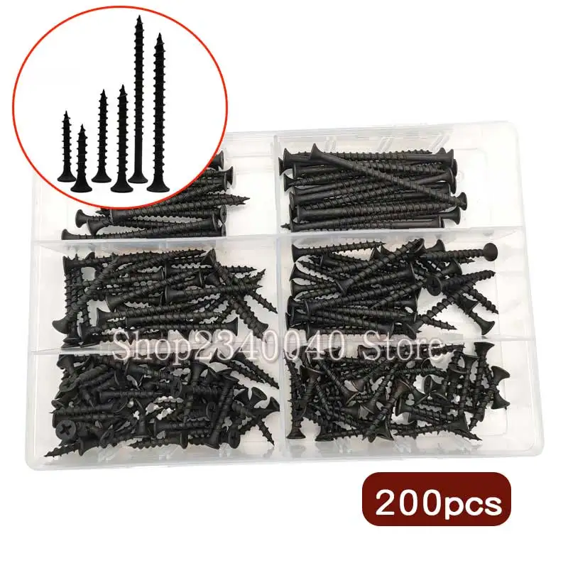 200pcs/set Wood Screw Assortment Kit Black Self Tapping Screws for Drywall Wood Sheetrock Furniture Machine Screws
200pcs/set Wood Screw Assortment Kit Black Self Tapping Screws for Drywall Wood Sheetrock Furniture Machine Screws