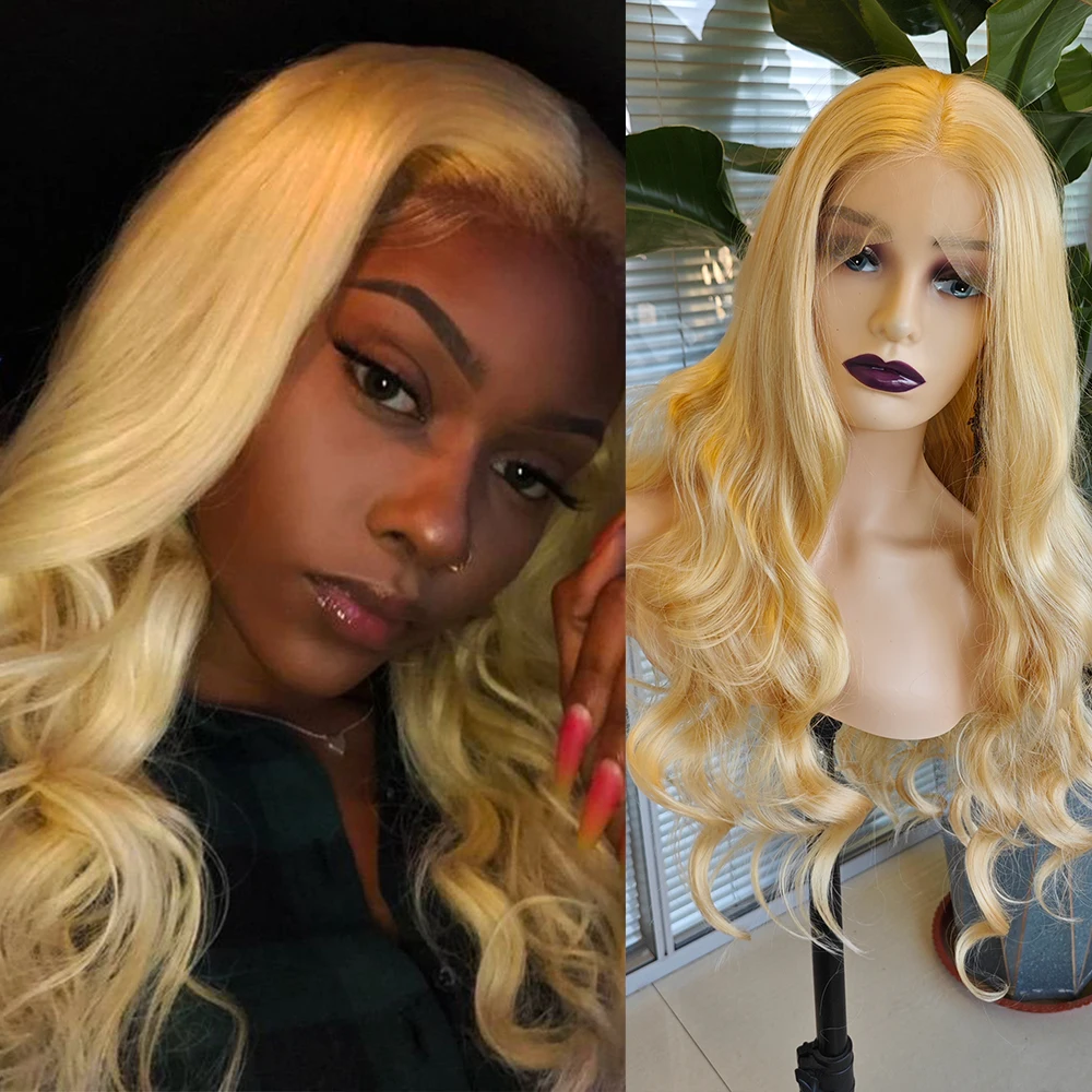 

RONGDUOYI Long Wave Golden Blonde Synthetic Wigs Body Wavy Natural Hairline Glueless Lace Front Wig Daily Cosplay Use Women Hair