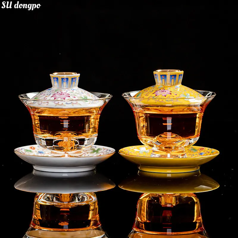 

Ceramic Enamel Colored Glass Gaiwan Heat-resistant Glass Yellow/white Transparent Tea Cup Chinese Court Retro Luxury Tea Bowl
