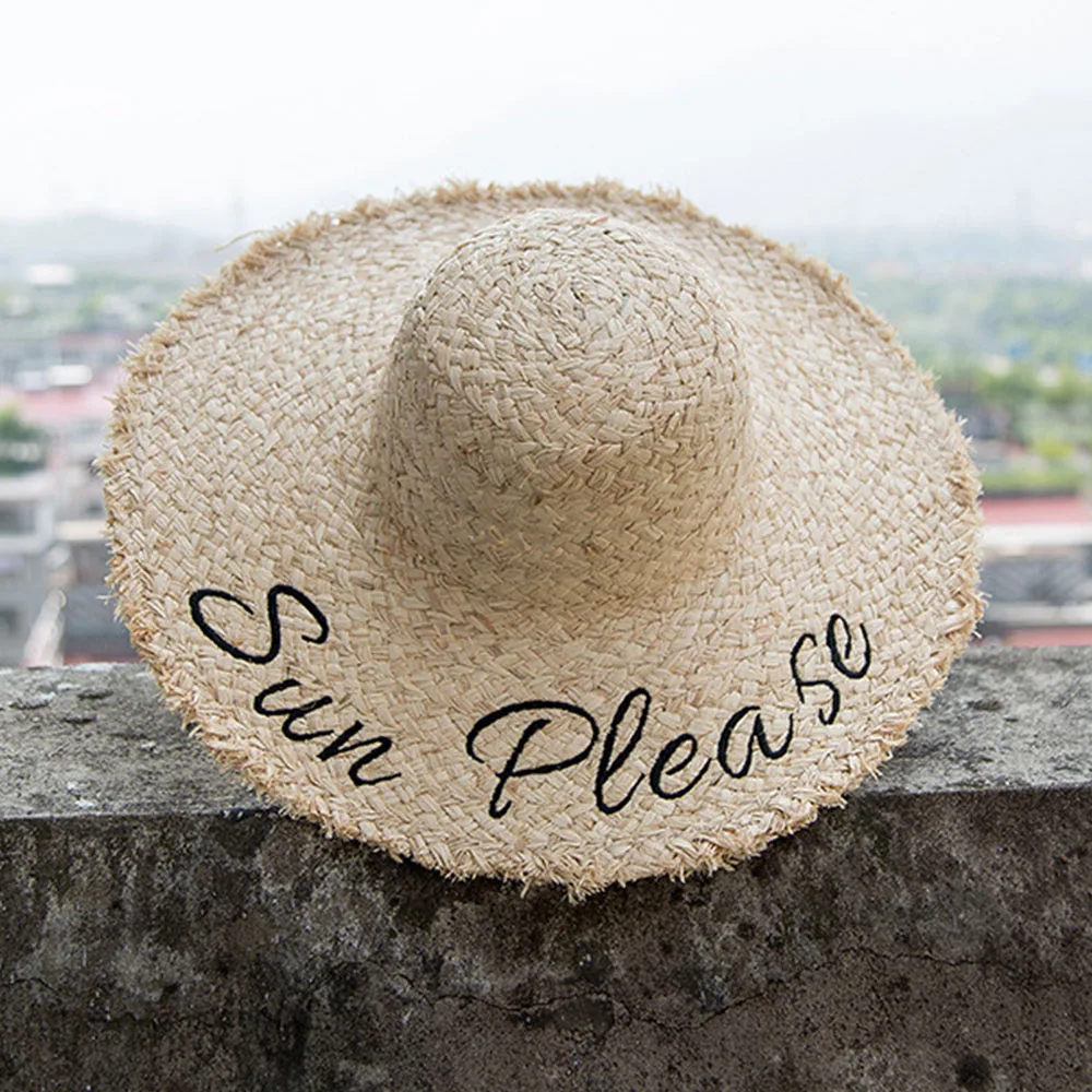 

Women Summer Hat Letter Embroidery Straw Hats Breathable Wide Brim Raffia UV Protection Beach Cap Seaside Travel Hat