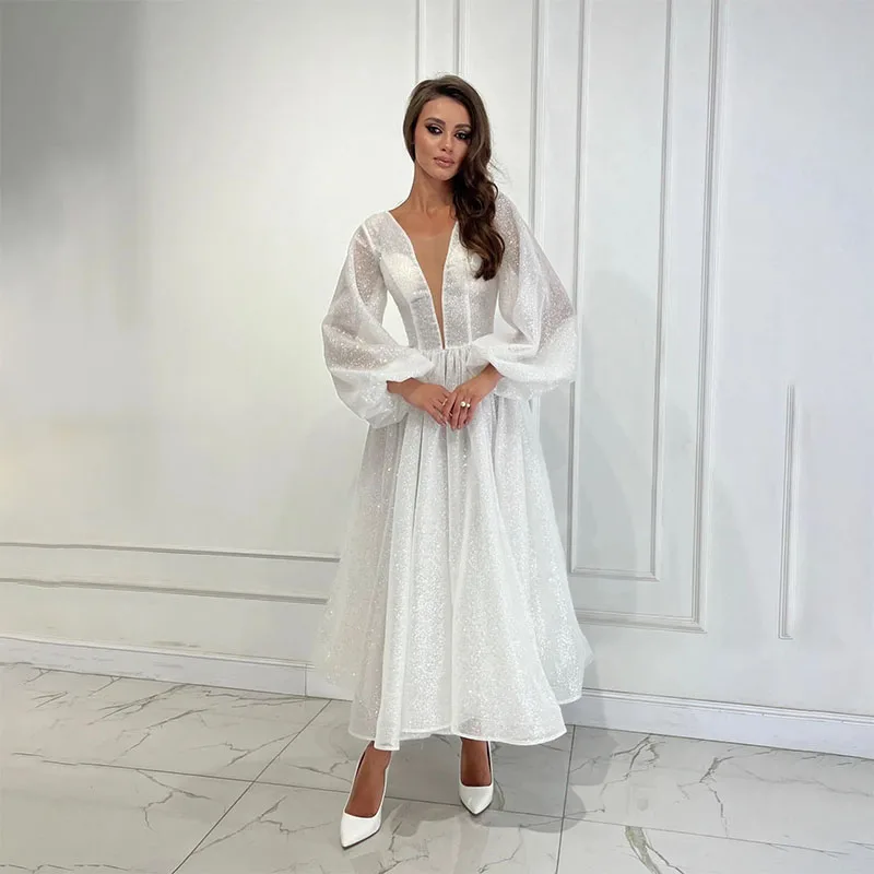 

Элегантное белое блестящее платье для выпускного вечера с V-образным вырезом и длинными рукавами, вечернее платье с оборками до щиколотки для особых случаев, женское платье