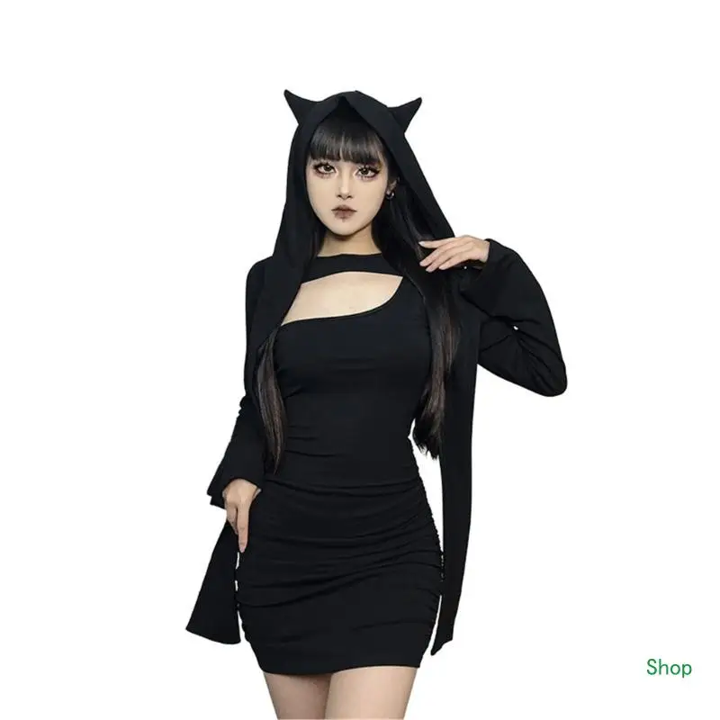 L5YC One Shoulder Mini Dress Hooded Cropped T-shirts Suit Women Sexy Long Sleeve Tops Mini Dress 2Pcs Sets
L5YC One Shoulder Mini Dress Hooded Cropped T-shirts Suit Women Sexy Long Sleeve Tops Mini Dress 2Pcs Sets
