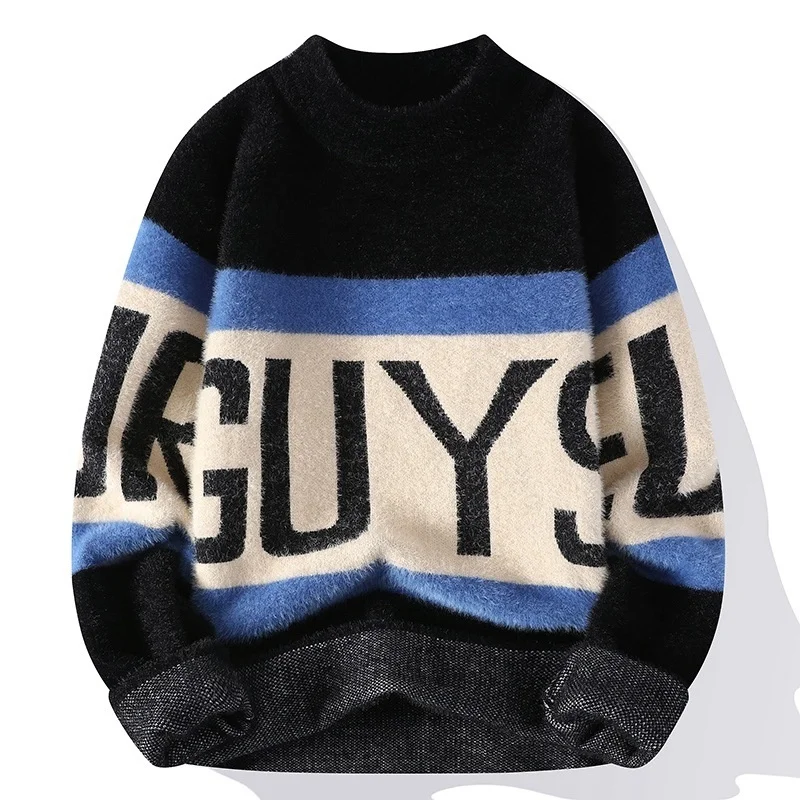 

#5878 Winter Mohair Sweater Men Spliced Color Letters Tight Knitted Warm Pullover Sweater Long Sleeve Knitwear Men's Sweaters