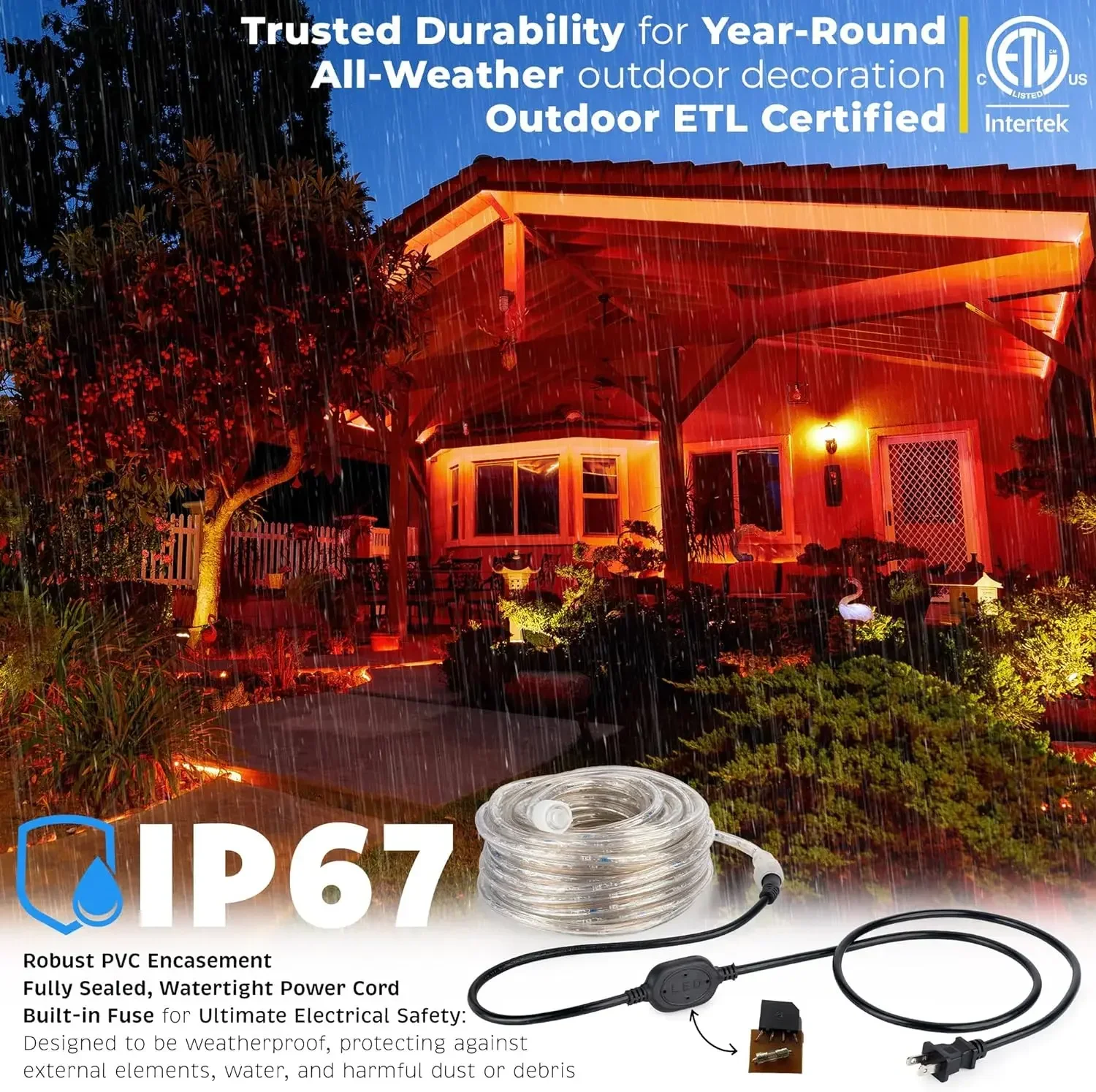 100ftOutside Rope Lights, Outdoor ETL Certified Waterproof Permanent 360 Degree Light Emitting, Flexible Tube,Connectable 
100ftOutside Rope Lights, Outdoor ETL Certified Waterproof Permanent 360 Degree Light Emitting, Flexible Tube,Connectable