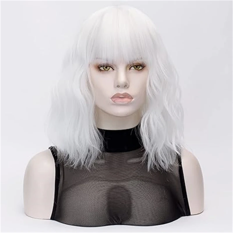 

Short White Wig Short Wavy Synthetic Hair Shoulder Length Women Full Bang Heat Resistant Women Party Realistic Wig (Ivory)