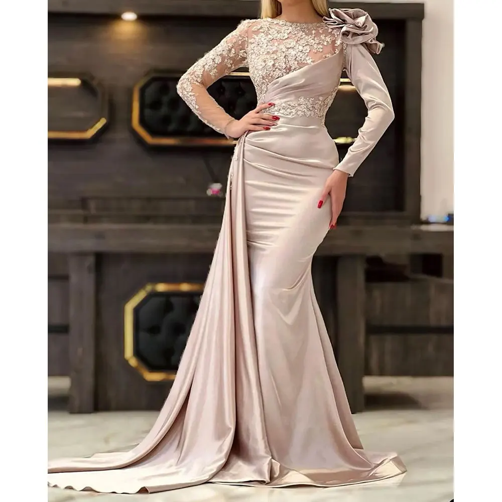 Arabic Dubai Satin Evening Dresses Lace 3D Shoulder Flower Pleat Formal Crystal Beaded Jewel Neck Mermaid Long Sleeves Prom Gown
Arabic Dubai Satin Evening Dresses Lace 3D Shoulder Flower Pleat Formal Crystal Beaded Jewel Neck Mermaid Long Sleeves Prom Gown
