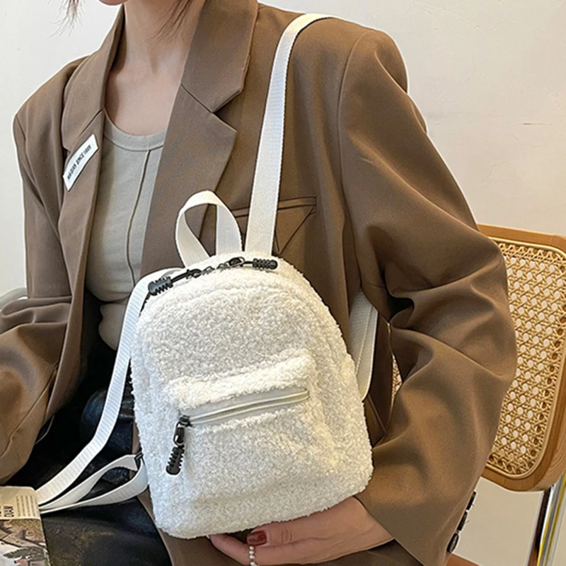 

Повседневный плюшевый женский маленький рюкзак, простой Однотонный женский осенне-зимний модный миниатюрный детский школьный рюкзак, сумки на плечо
