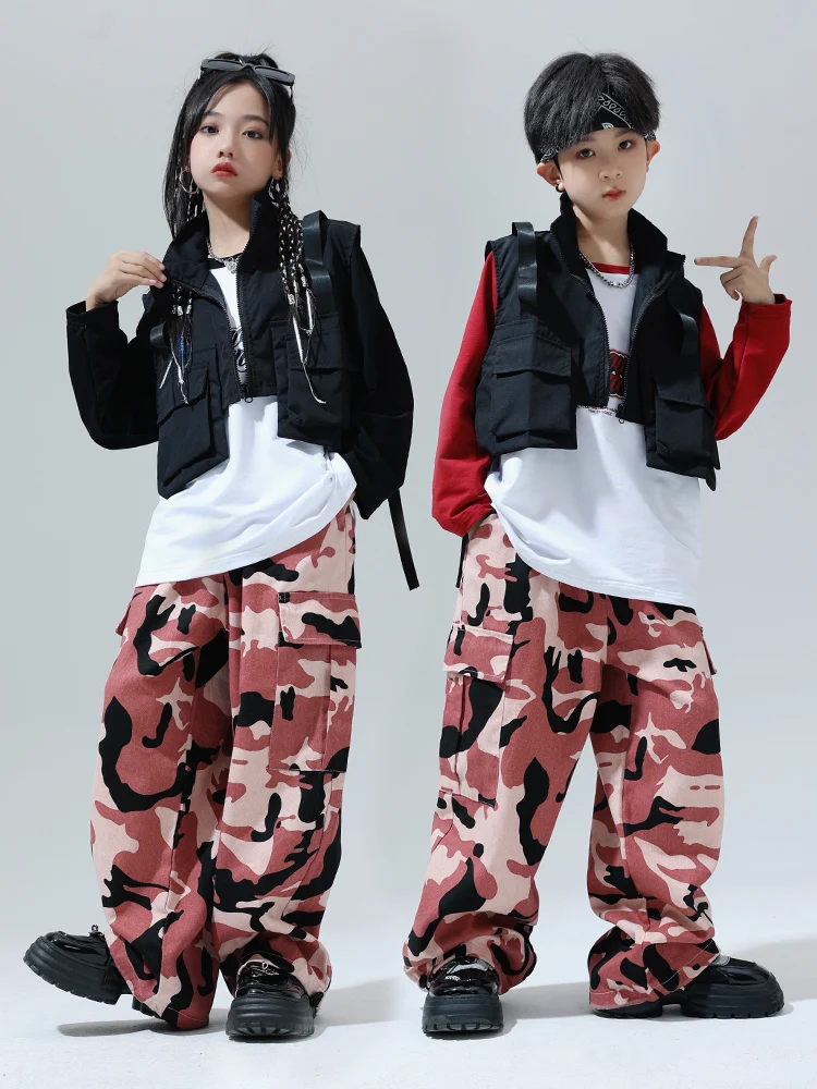 

Ballroom Hip Hop Dance Clothes Kids Sweater Black Vest Pink Camouflage Pants Teen Boys Street Dance Outfit Girls Jazz Suit 11922