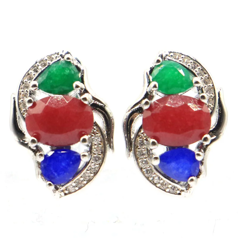 

18x13mm Multi Color Real Blue Sapphire Green Emerald Red Ruby White CZ Daily Wear Silver Earrings