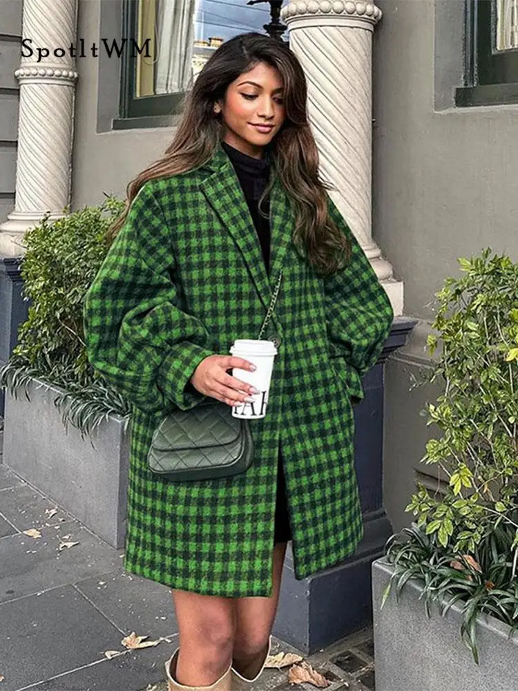 Women's Green Plaid Wool Blends Short Overcoat Retro Lapel Lantern Long Sleeve Pocket Coat Female Autumn High Street Coats
Women's Green Plaid Wool Blends Short Overcoat Retro Lapel Lantern Long Sleeve Pocket Coat Female Autumn High Street Coats