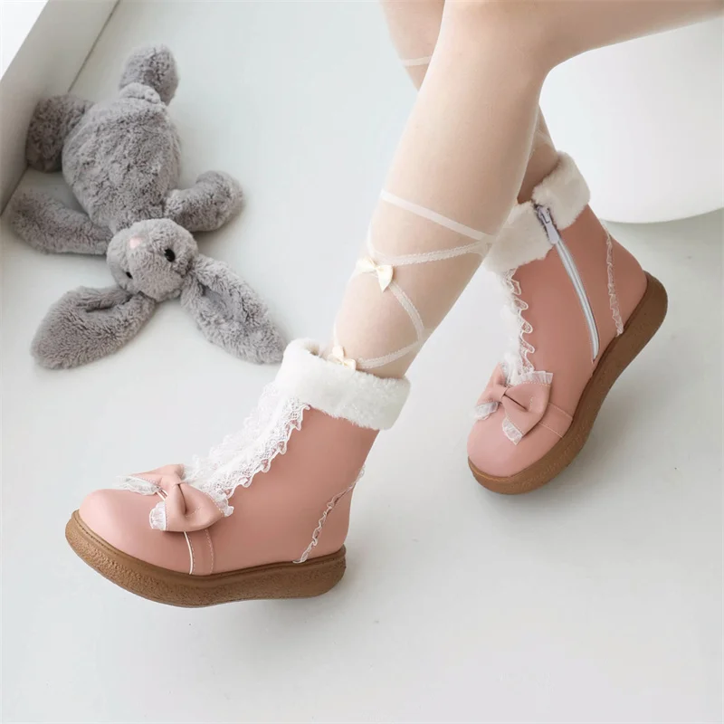 Lolita Sweet Style Lace Bow Ankle Snow Boots Ladies Winter 2023 Thick Fur Side Zipper TPU Sole Party Shoes for Women Pink White
Lolita Sweet Style Lace Bow Ankle Snow Boots Ladies Winter 2023 Thick Fur Side Zipper TPU Sole Party Shoes for Women Pink White