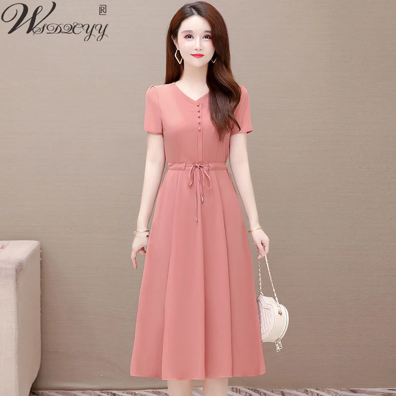 Summer Short Sleeve Midi Dress Women Korean Fashion V-Neck Casual Dress Plus Size Ladies Lace Up Waist A-Line Vestidos L-5XL
Summer Short Sleeve Midi Dress Women Korean Fashion V-Neck Casual Dress Plus Size Ladies Lace Up Waist A-Line Vestidos L-5XL