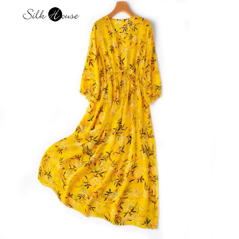 

2024 Women's Summer Bright Yellow Vacation Style 100%Natural Mulberry Silk Georgette Semi Transparent V-neck Loose Fitting Dress