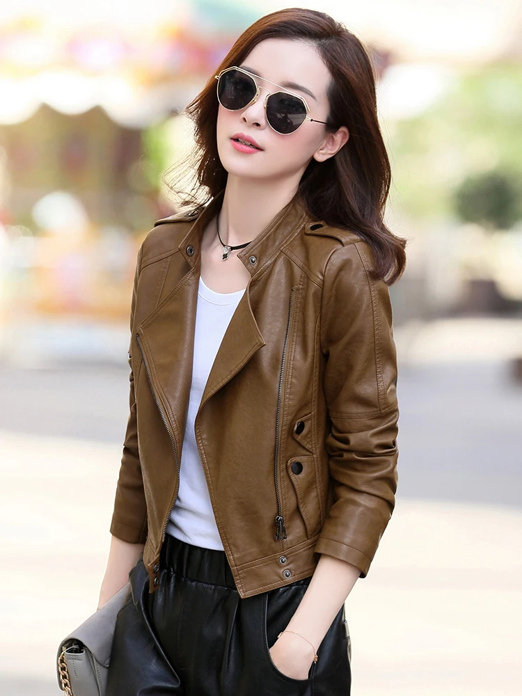

Leather Jacket Women Plus Size4xl Short Imitate Soft Sheepskin Coat 2020Spring Fall Korean Fashion Stand Collar Slim Biker Coats