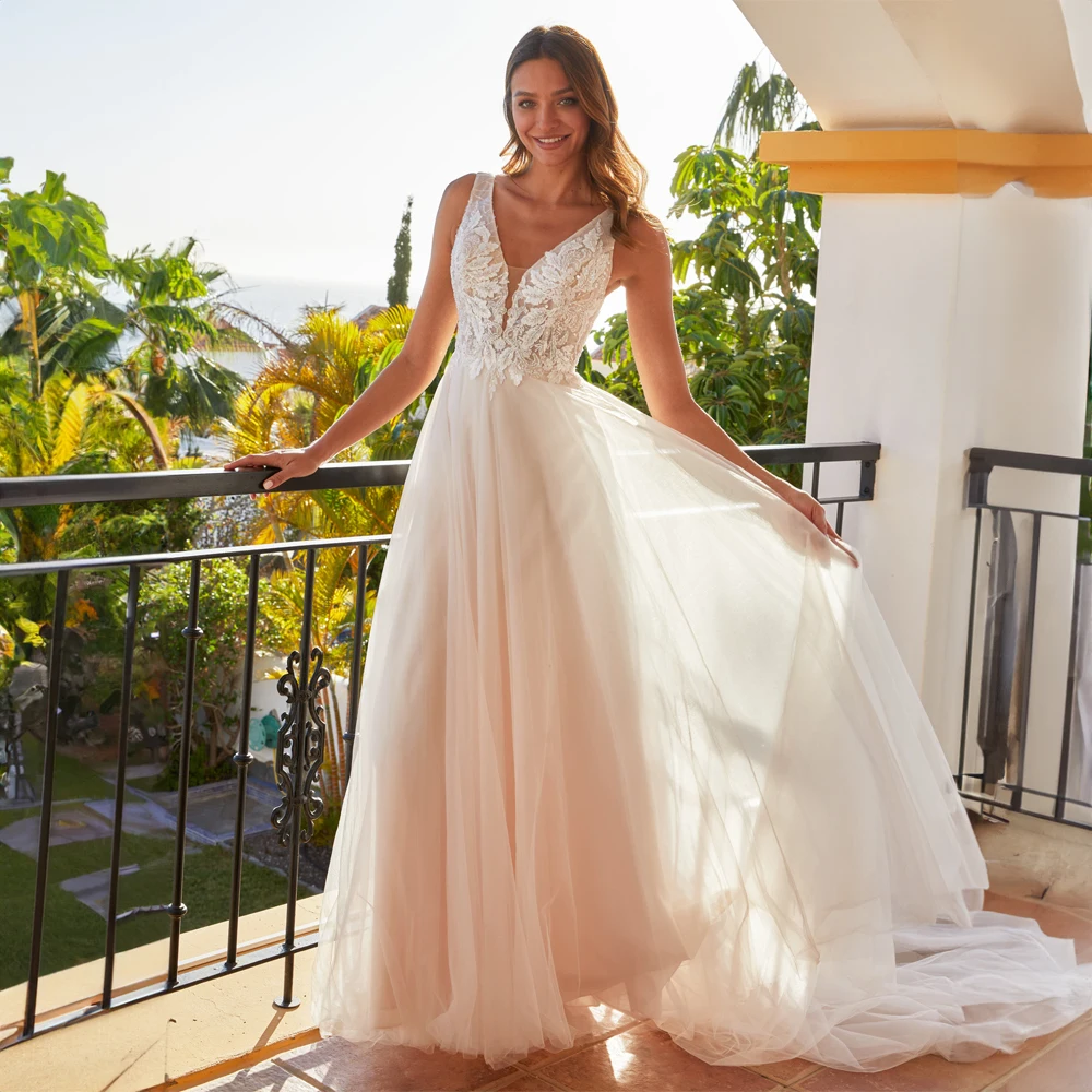

Spaghetti Straps V-neck Applique Wedding Dress fro Bride Lace A-line Court Illusion Wedding Gowns Sleeveless robes de mariée