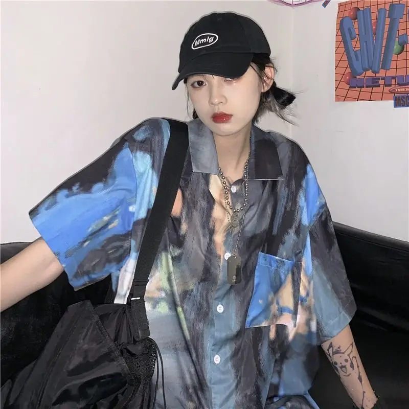 

Korean style shirts for men and women 2024 new summer design niche retro tie-dye shirts loose short-sleeved tops trendy y2k tops