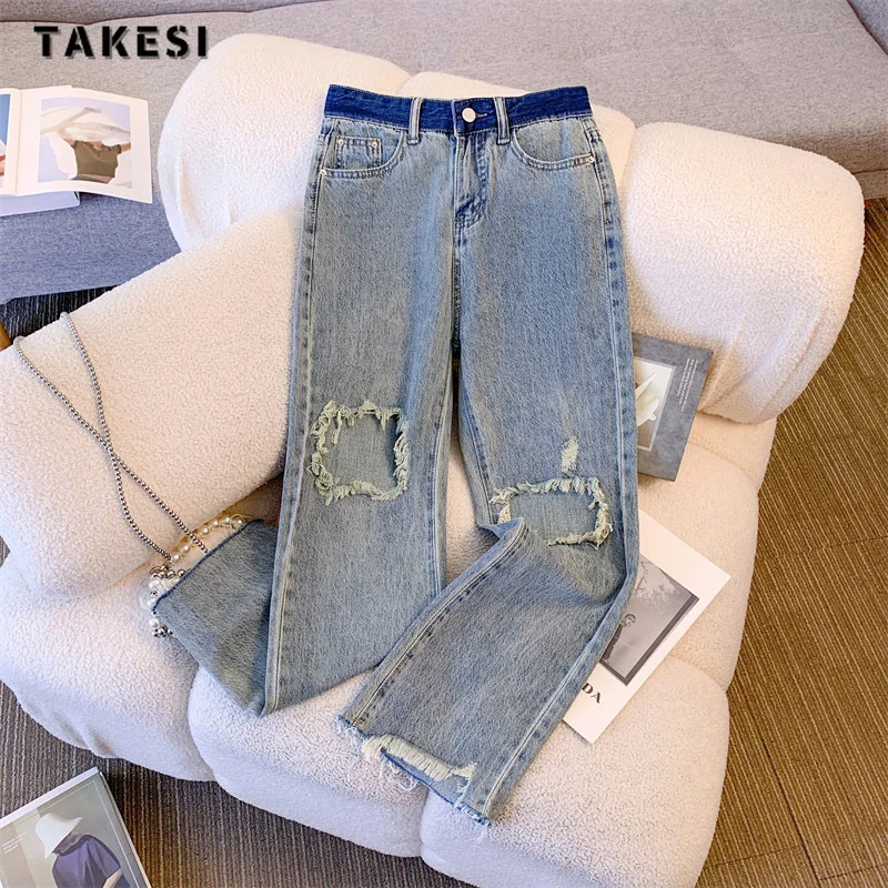 

Y2K винтажные Лоскутные синие прямые джинсовые брюки с высокой талией в уличном стиле женские широкие мешковатые рваные джинсовые брюки