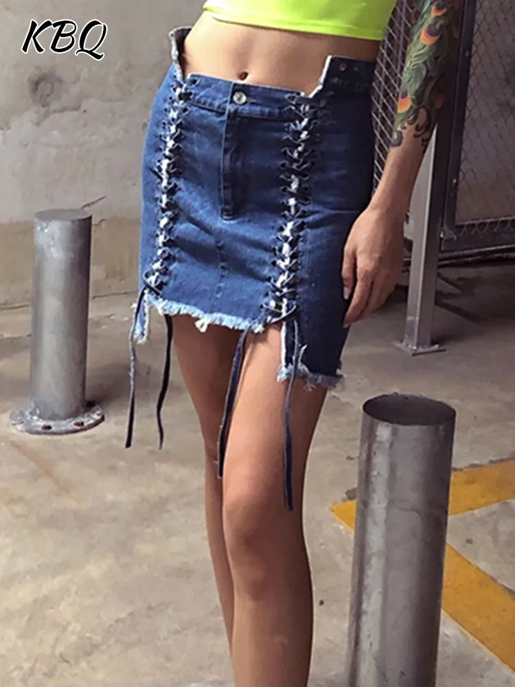 

KBQ Streetwear Spliced Drawstring Denim Skirt For Women High Waist Patchwork Raw Hem Asymmetrical Solid Slim Mini Skirts Female
