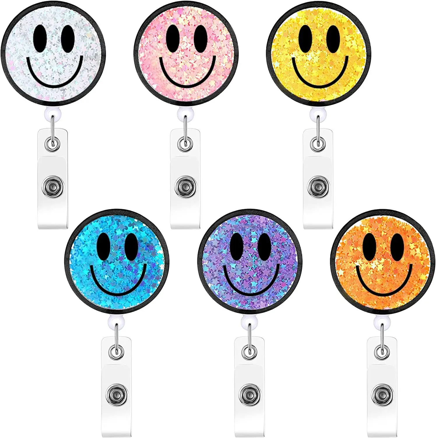 

New 6 Colors Cute Quicksand Smile Face Badge Reel Retractable ID Badge Holder With 360 Rotating Alligator Clip Name Holder