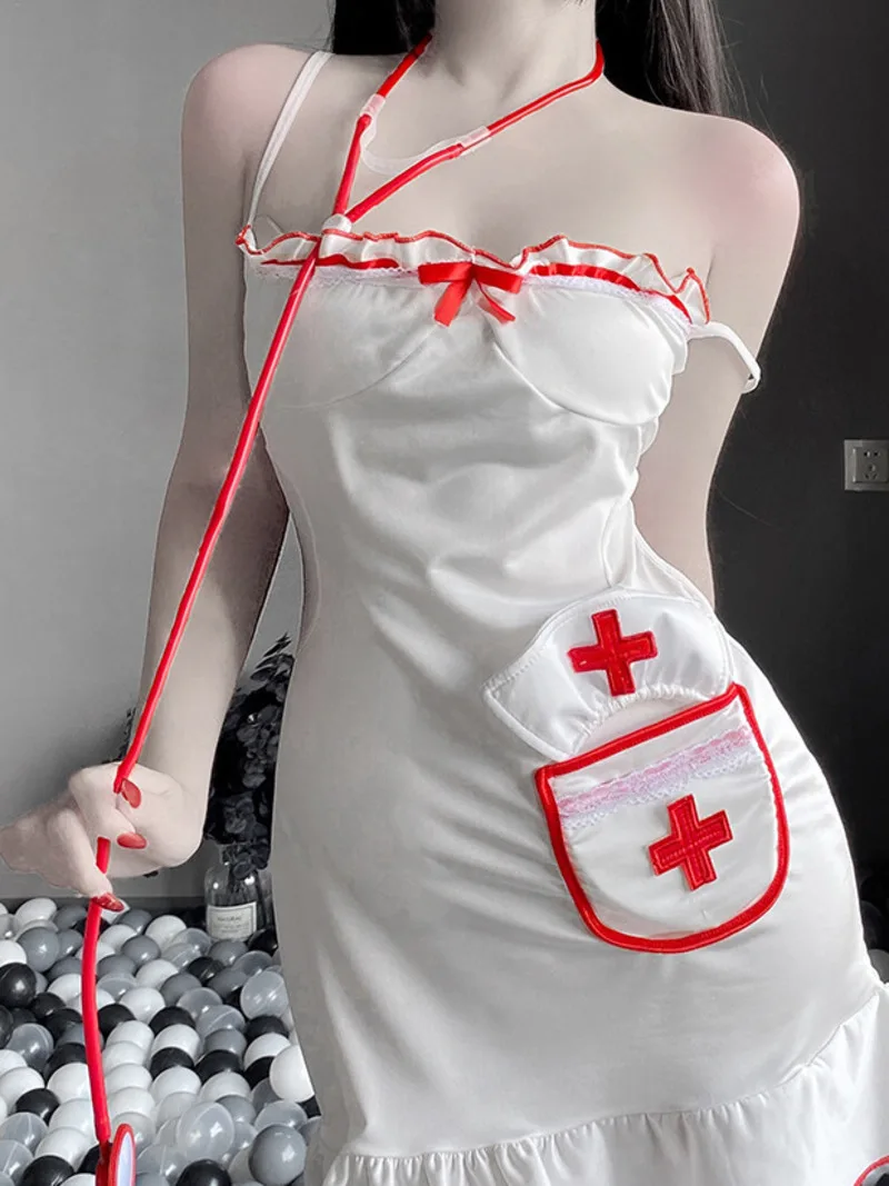 

New Style Summer Role Playing Passion Romantic Charm Bold Nurse Uniform Temptation V Neck Ruffle Thin Dress Slim Thin Soft 77ZA