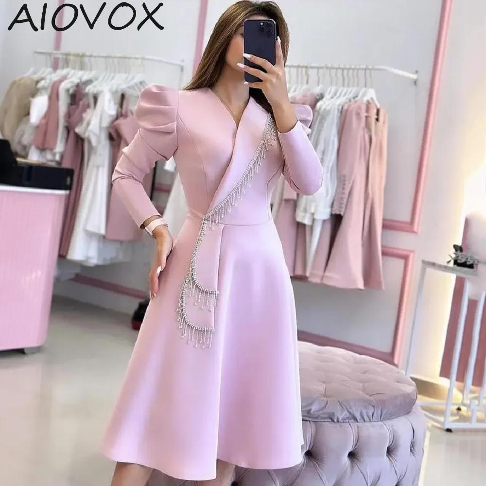 

AIOVOX A-line Party Dresses Cocktail Dresses Knee Length Simple Stunning V-Neck Full Sleeves Beading Criss-Crossrobe de soirée