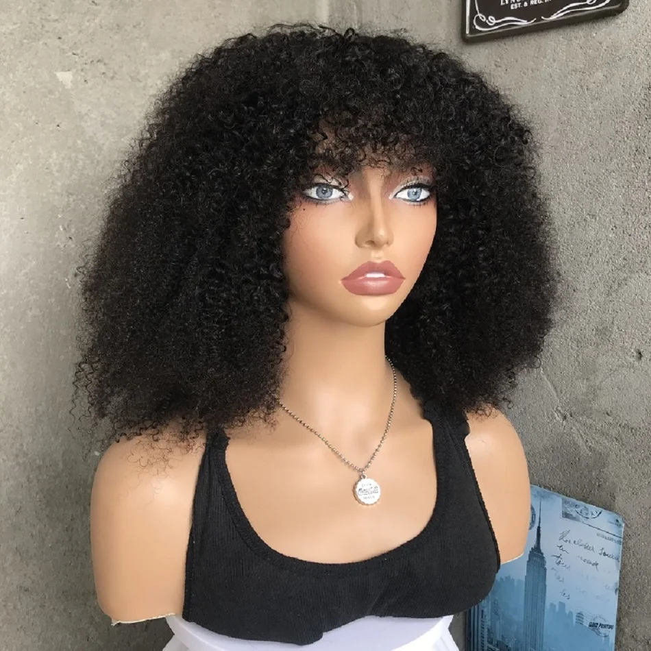 

Short Afro Kinky Curly Bob Wig Full Machine Made Peruvian Human Hair Wigs With Bang 200 Density Human Hair No Lace Wig for Women