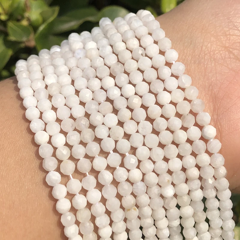 

AA+ Natural White Moonstone Faceted Loose Beads for Jewelry Making DIY Anniversary Gift Bracelets 15'' Tiny Stone Bead 2/3/4mm