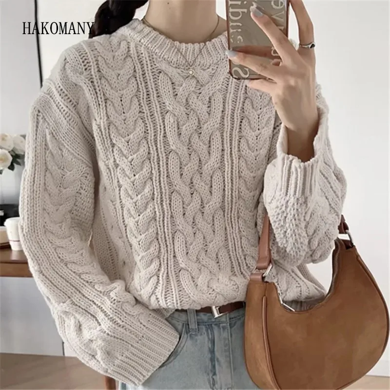 

2023 Women Crew Collar Knitted Twist Sweater Vintage Long Sleeve Pullover Knitwear Loose Jumper Causal Tops Apricot 4 colors