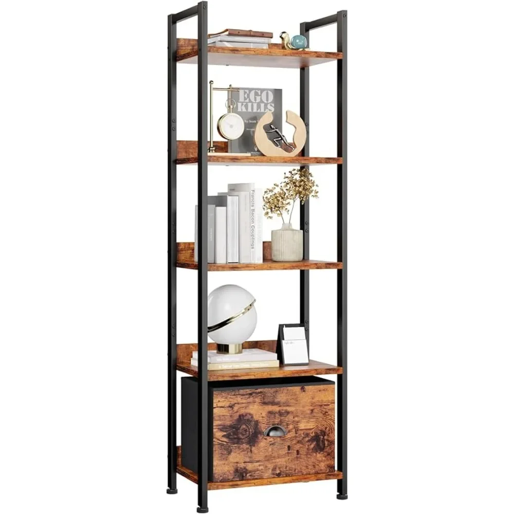 

OEING 5 Tier Bookshelf, Tall Narrow Bookcase with Shelves, Industrial Display Standing Shelf Unit for Bedroom, Living Room