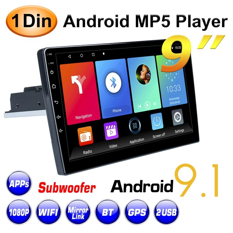 

9 Inch Quad Core Android 9.1 Car Stereo Radio 1DIN Adjustable GPS Navigation WIFI MP5 Player FM Bluetooth Phone Link