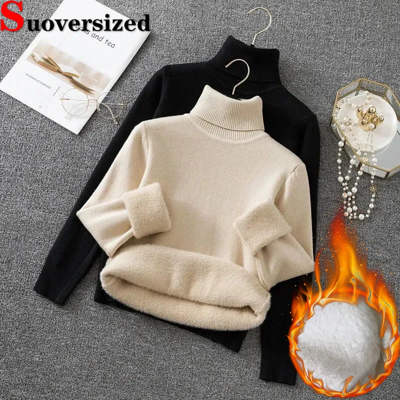 

Winter Warm Turtleneck Sweater Women Slim Soft Long Sleeve Top Thicken Basic Bottomed Pullover Casual Plush Lined Knitted Jumper