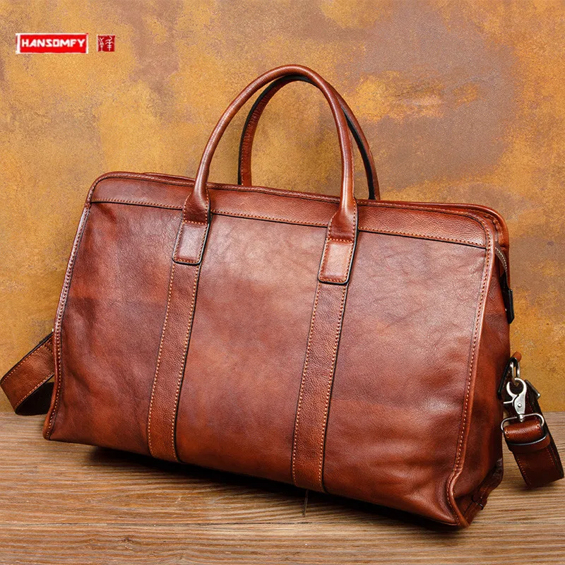 

Vegetable Tanning Leather Men's Handbgs Shoulder Messenger Bag Large Capacity Travel Bag 17-Inch Computer Bags 2023 New