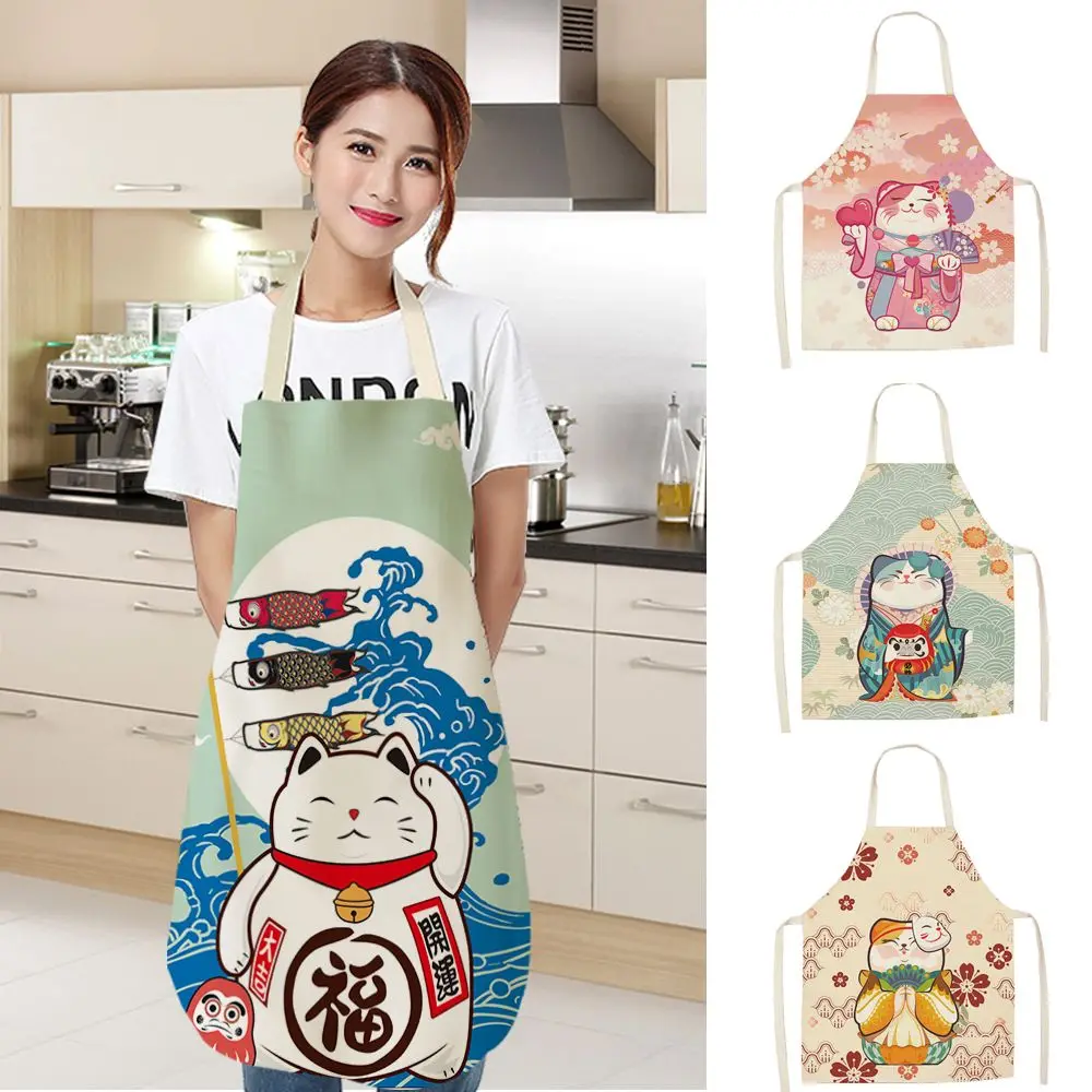 

Lucky Cat Apron Kitchen Aprons for Women Cotton Linen Bibs Household Cleaning Pinafore Home Cooking Apron New