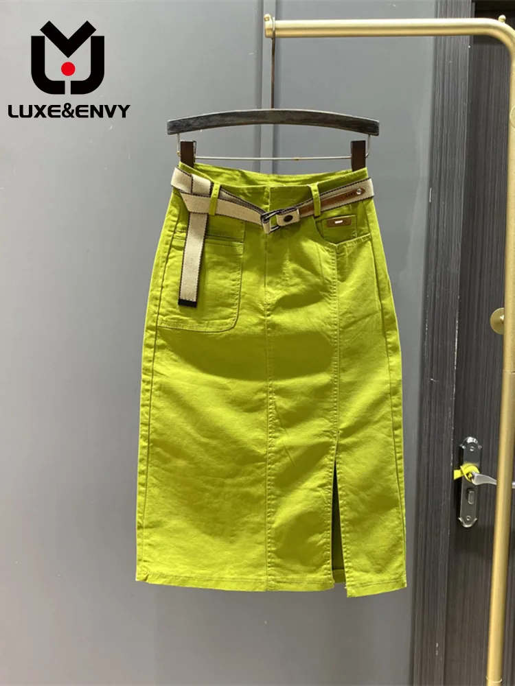 

LUXE&ENVY Fruit green denim skirt women spring new slim fit, high waisted, A-line split mid length skirt