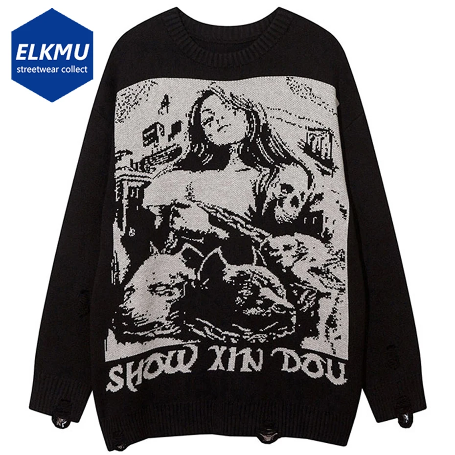 

Skulls Graphic Punk Men Sweater Ripped Distressed Black Loose Knitted Sweater Harajuku Streetwear Oversized Hip Hop Pullover Swe