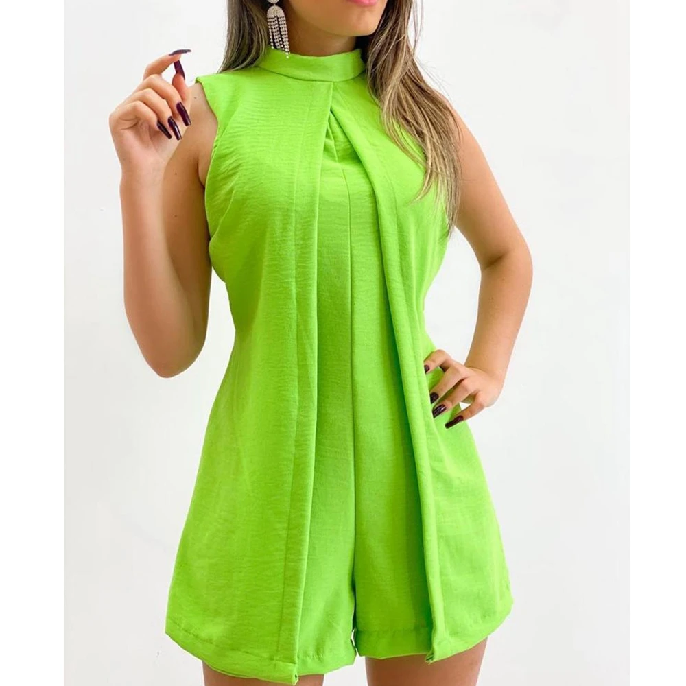 

Wepbel One-Piece Shorts Summer Playsuits Plain Patchwork Green Sleeveless Jumpsuits Women Front Slit Sleeveless Casual Romper