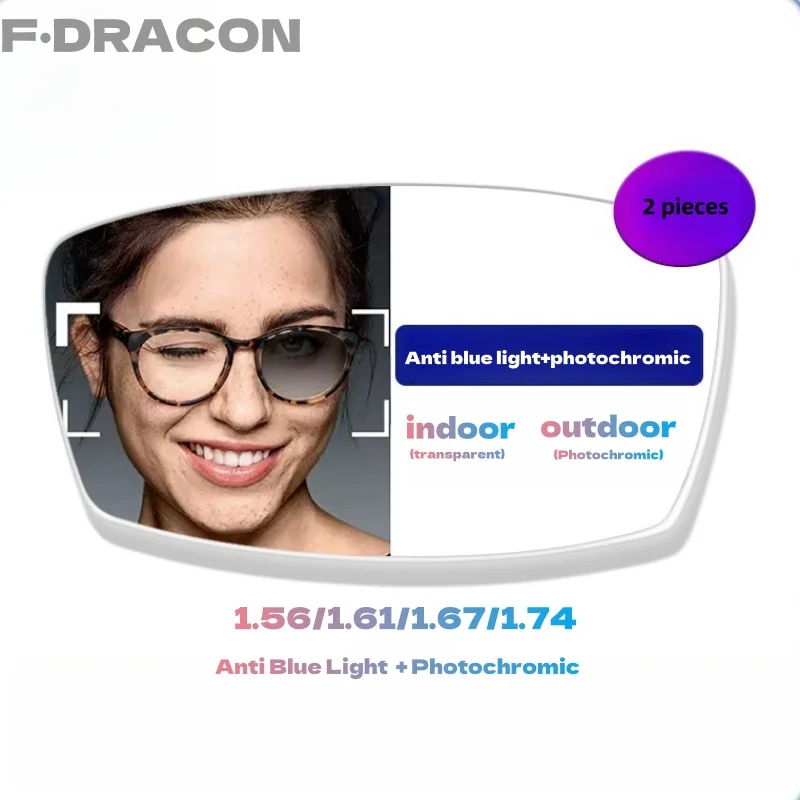 

F·DRACON Anti Blue Light Photochromic Lenses1.56/1.61/1.67/1.74 Optical Prescription Men And Women Myopia Hyperopic Astigmatism
