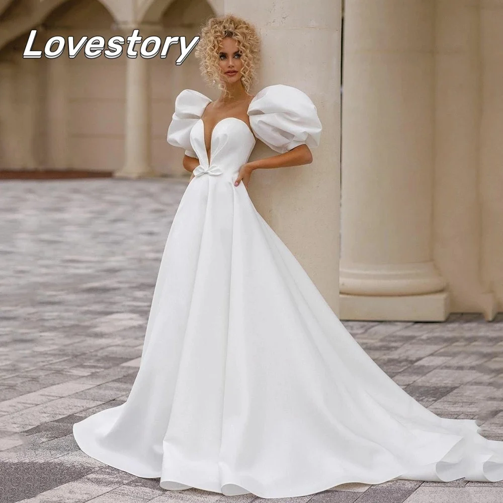 

New Deep Sweetheart Neck Wedding Dresses Sexy A-Line Bridal Gown Short Puff Sleeves Ivory Satin Bride Robe Bow Vestidos De Noiva