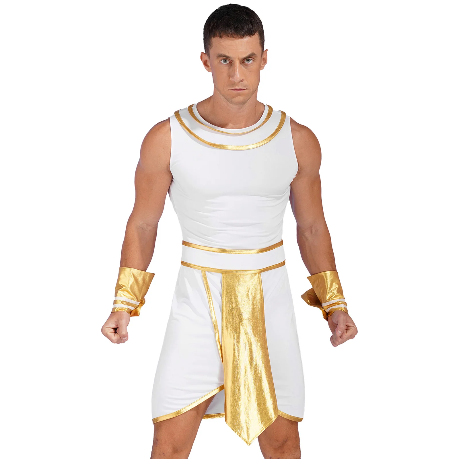 

Mens Ancient Egypt Role-Playing Outfit Adult Halloween Masquerade Party Costume Contrast Color Sleeveless Dress with Cuffs Sets