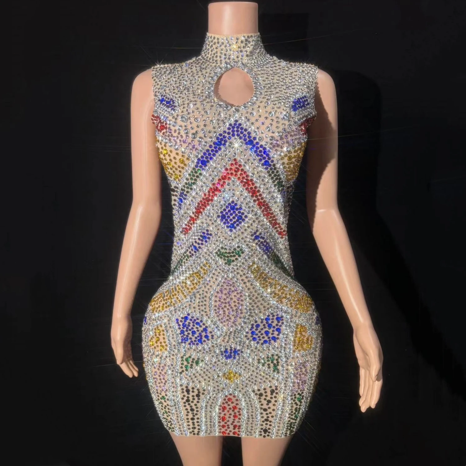 

Colorful Diamonds Sexy Hollow Out Backless Sheath Dress Evening Party Performance Costume Nightclub Singer Dancer Stage Wear