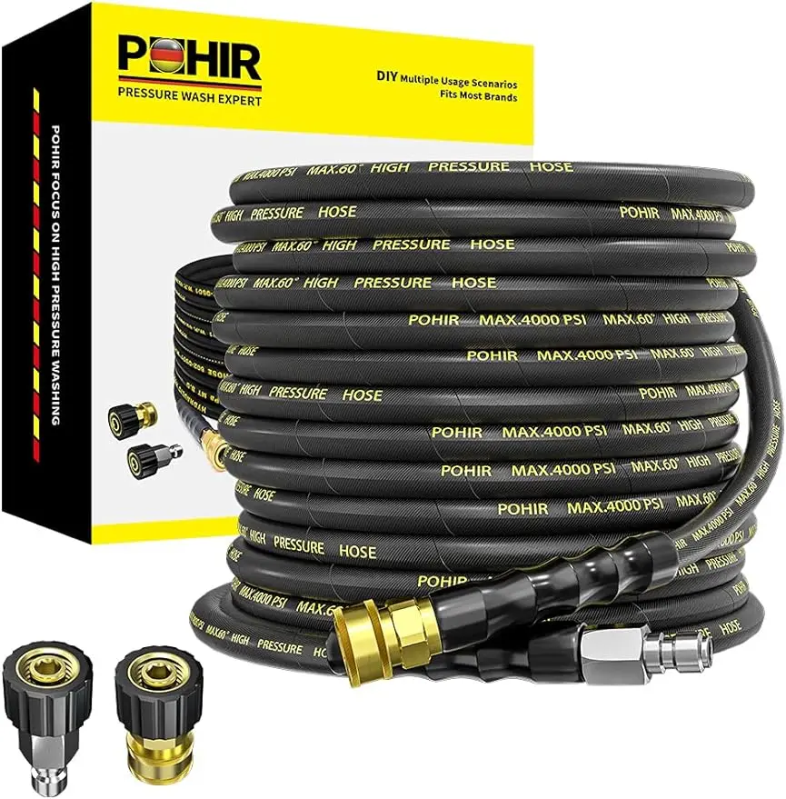

POHIR Pressure Washer Hose 50 ft with 3/8 Inch Quick Connect Kink Resistant High Tensile Wire Braided 4200 PSI Power