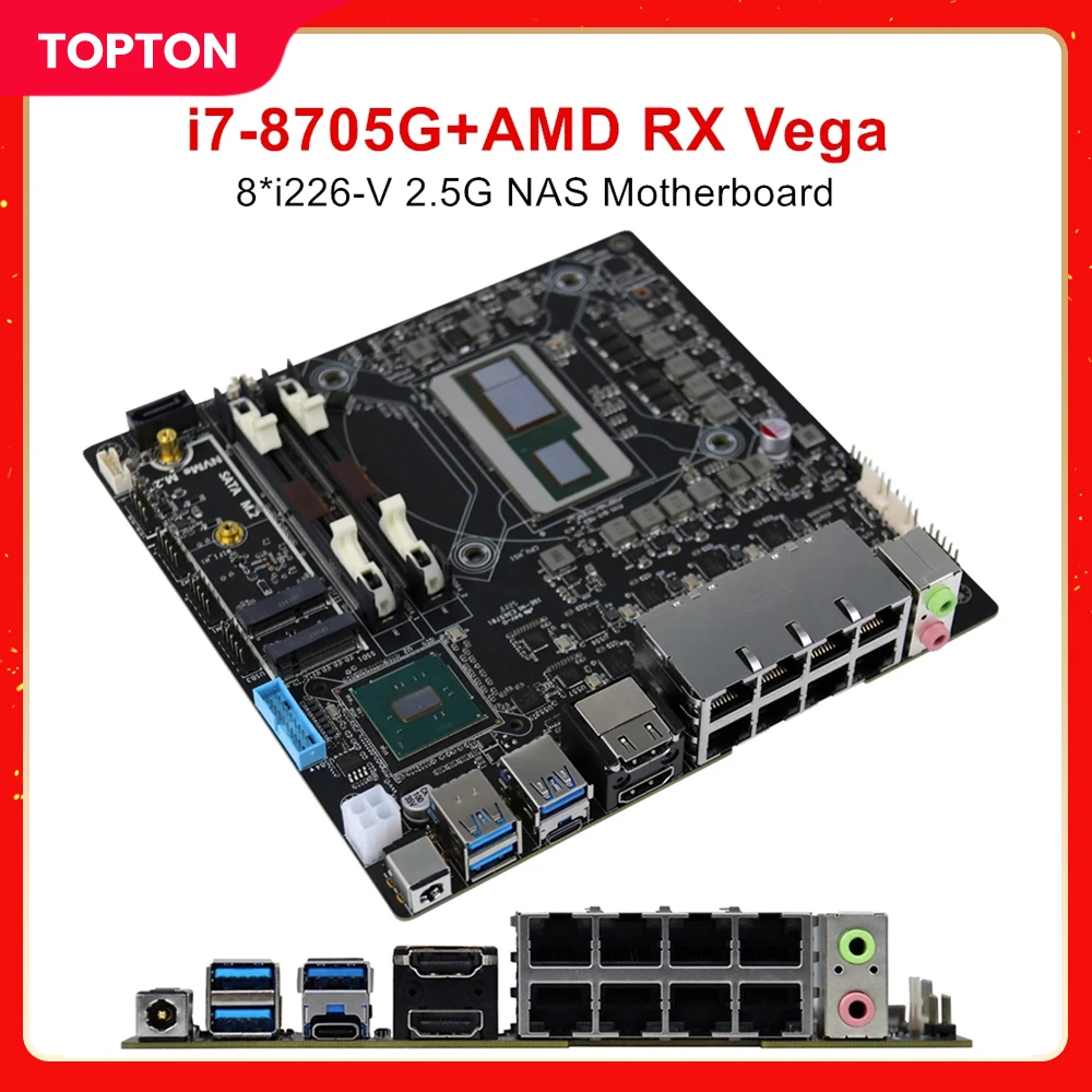 

Topton N9 NAS Motherboard 8*2.5G i226 Intel i7-8705G Discrete Graphics AMD Radeon RX Vega M 4GB 2*DDR4 17x17 ITX Firewall Router