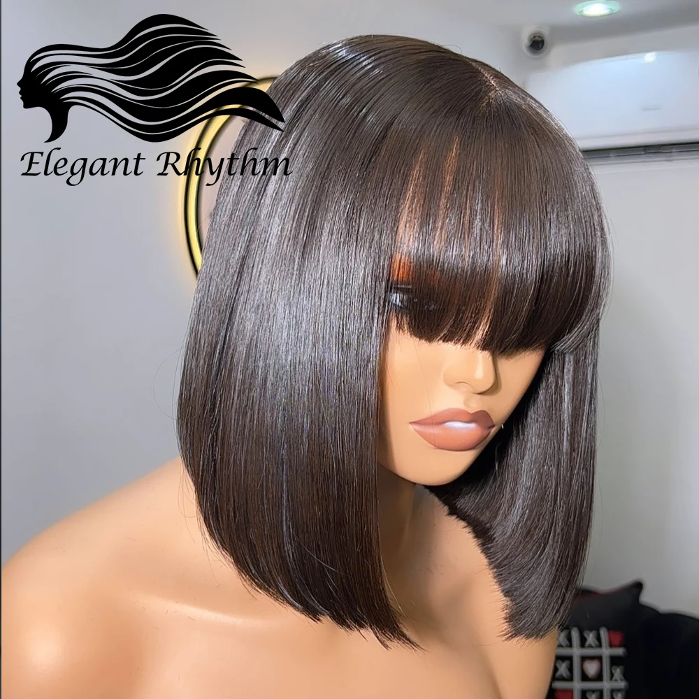 

Glueless Short Bob Wigs With Bangs Lace Top Short Straight Bob Brazilian Human Hair Wigs With Bangs For Black Women 12 Inches