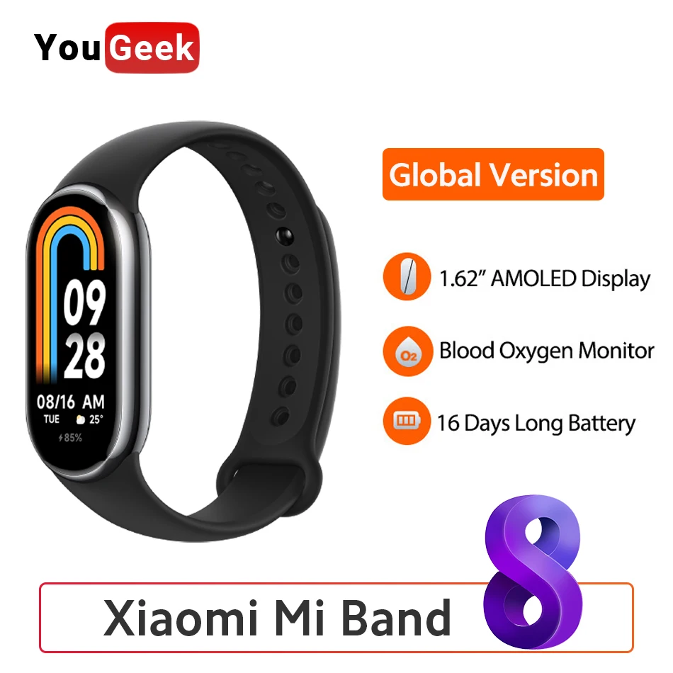 

Global Version Xiaomi Mi Band 8 Smart Bracelet 1.62" AMOLED 60Hz Heart Rate Blood Oxygen Monitor 150+ Sport Mode Fitness Tracker