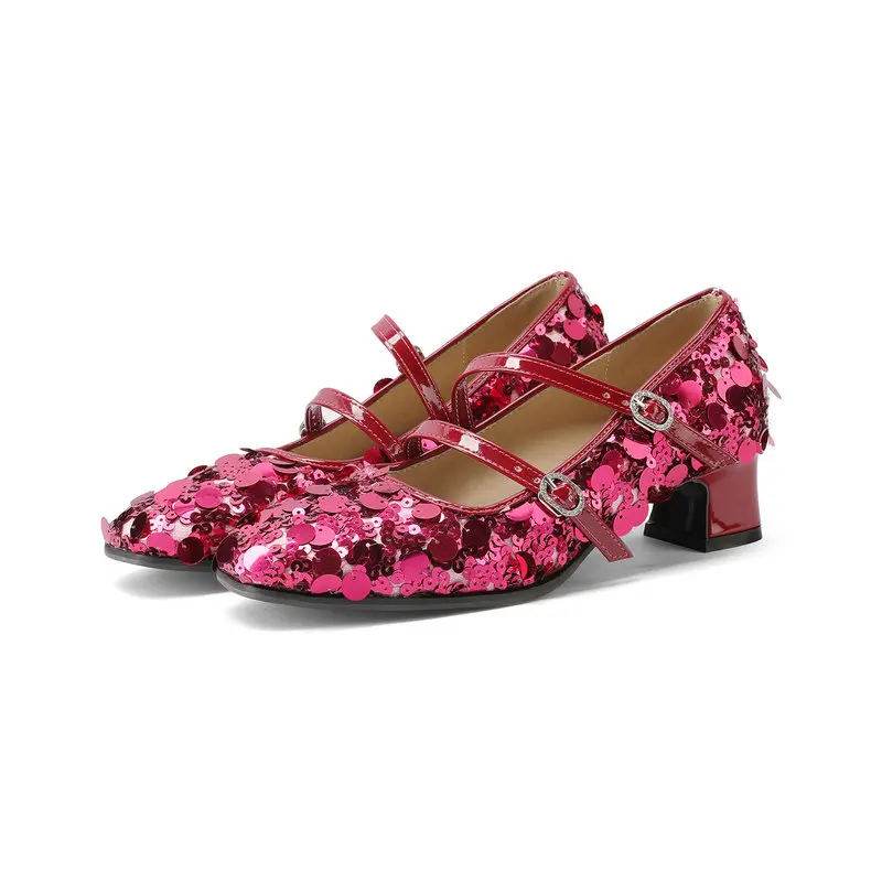 

Женские блестящие туфли-лодочки с блестками на массивном каблуке, Милая блестящая обувь Мэри Джейн, лето-осень 2024, Размеры 4,5-10,5, обувь для девочек