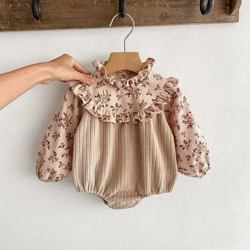 

2024 Spring New in Infant Baby Girls Cute Clothes Kids Full Sleeve Patchworkj Floral Ruched Jumpsuits Toddler Newborn Bodysuits
